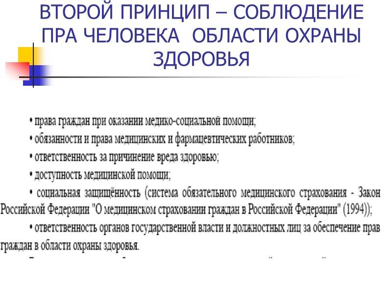 ВТОРОЙ ПРИНЦИП – СОБЛЮДЕНИЕ ПРА ЧЕЛОВЕКА  ОБЛАСТИ ОХРАНЫ ЗДОРОВЬЯ